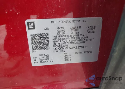 2021 GMC Acadia Awd Sle z USA, uszkodzony, nr VIN 1GKKNRLS3MZ176171